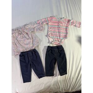 Carters Baby Girl 6 Months 4 Piece Outfit Bundle Floral Fair Isle Denim Pants